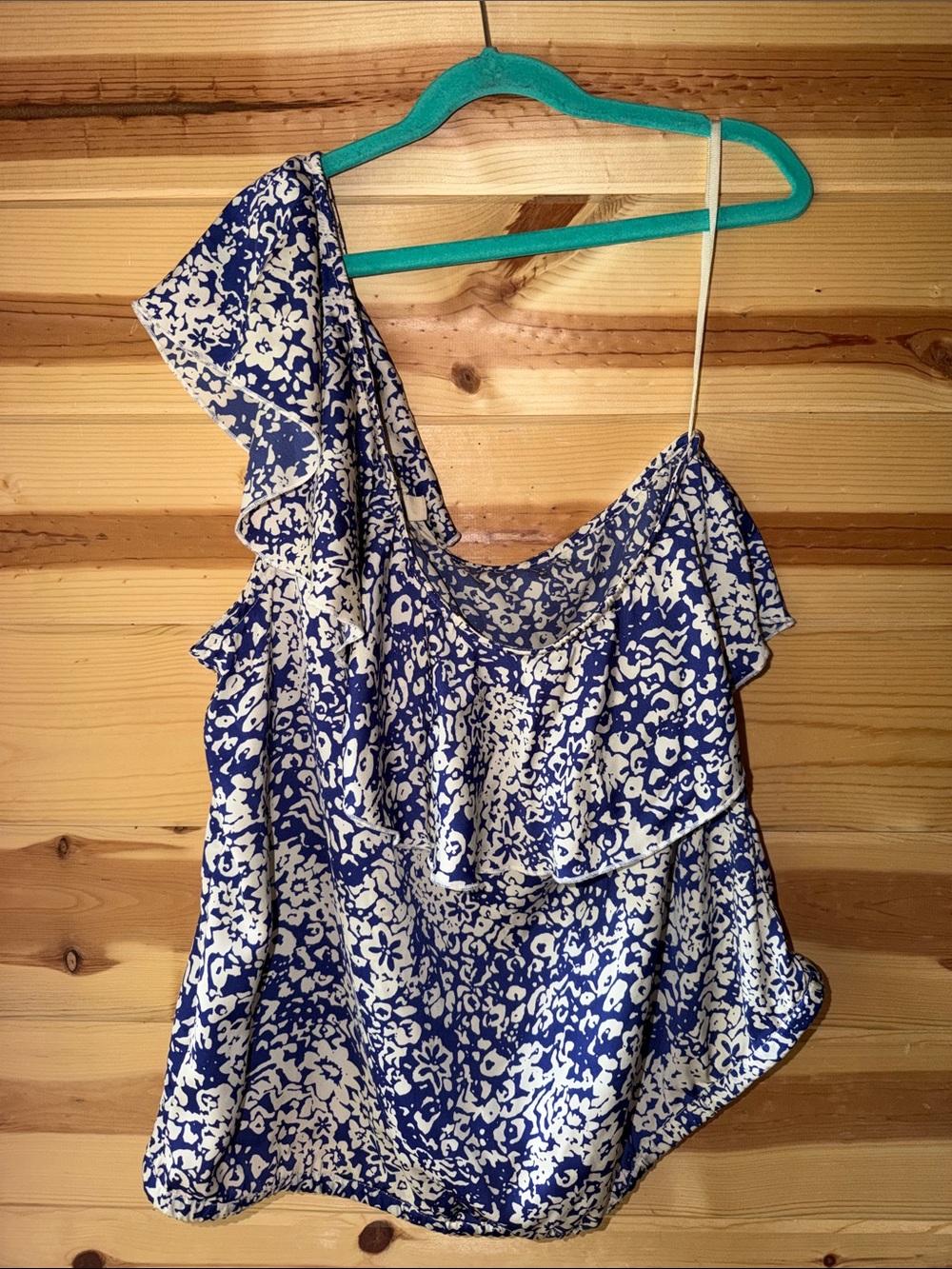 American Eagle Outfitters Blue and White Floral One-Shoulder Ruffle Camisole